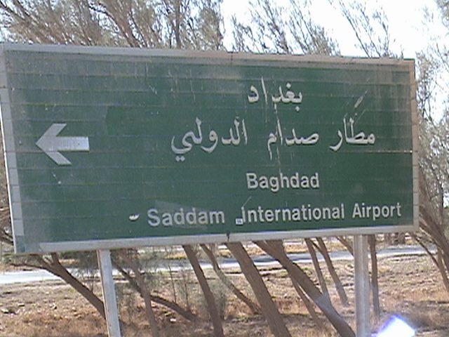 The road sign for Saddam International Airport, September 2003.