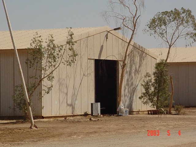 One of the warehouses on the base, May 2003. Soldiers lived and worked in buildings like these.